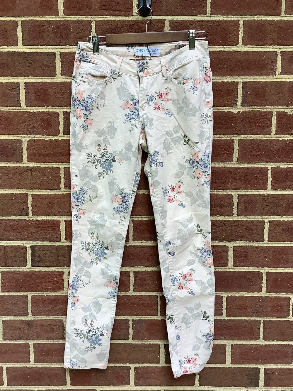 Gypsy Warrior Eggshell Floral Skinny Cream Pink Blue Jeans 29